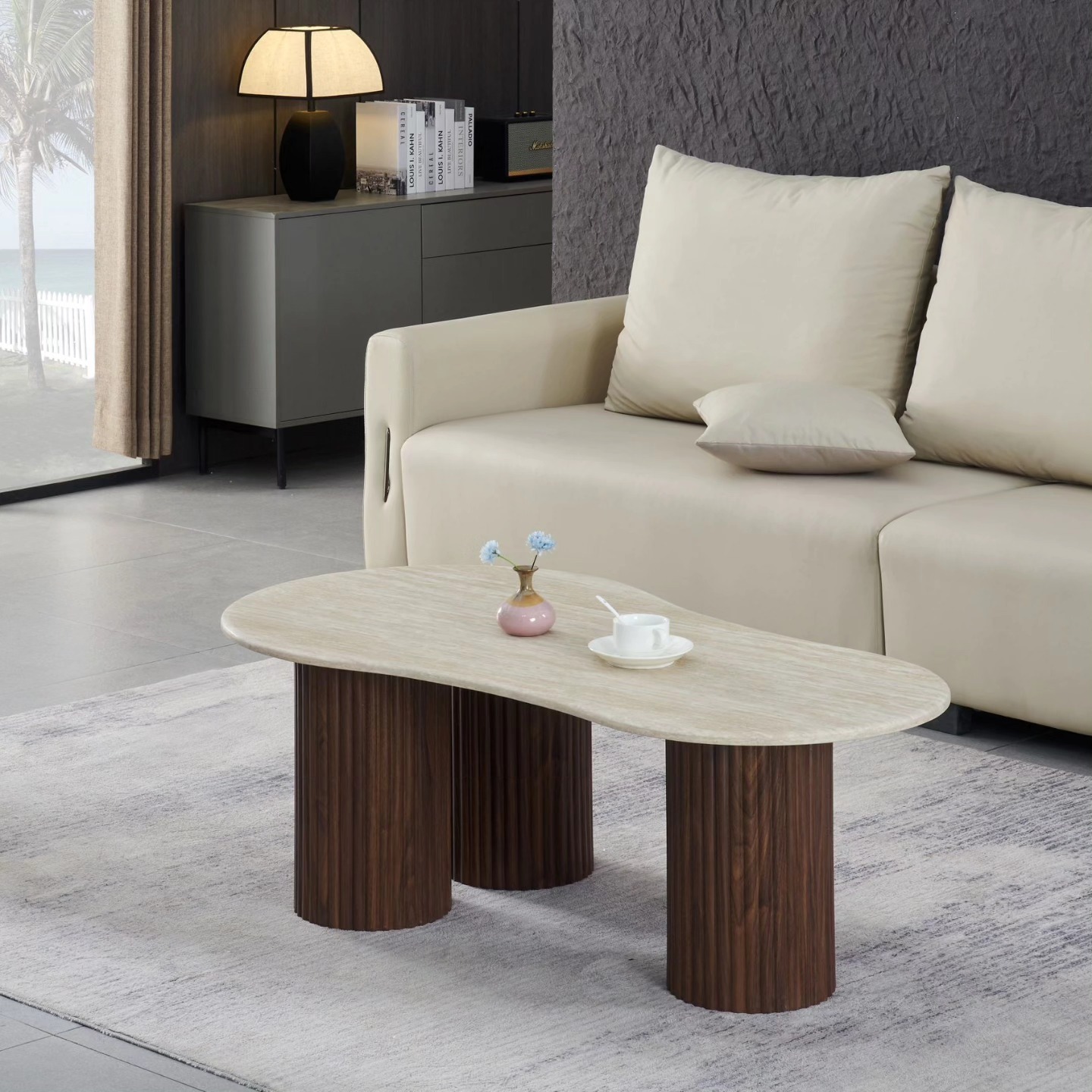 שולחן סלון אמורפי טרוונטין רגל עץ