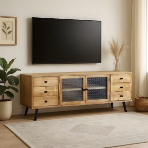 וינה מזנון עץ 6 מגירות ודלתות זכוכית טבעי