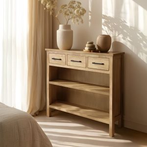 וינה כוננית עץ 3 מגירות ומדף פתוח טבעי